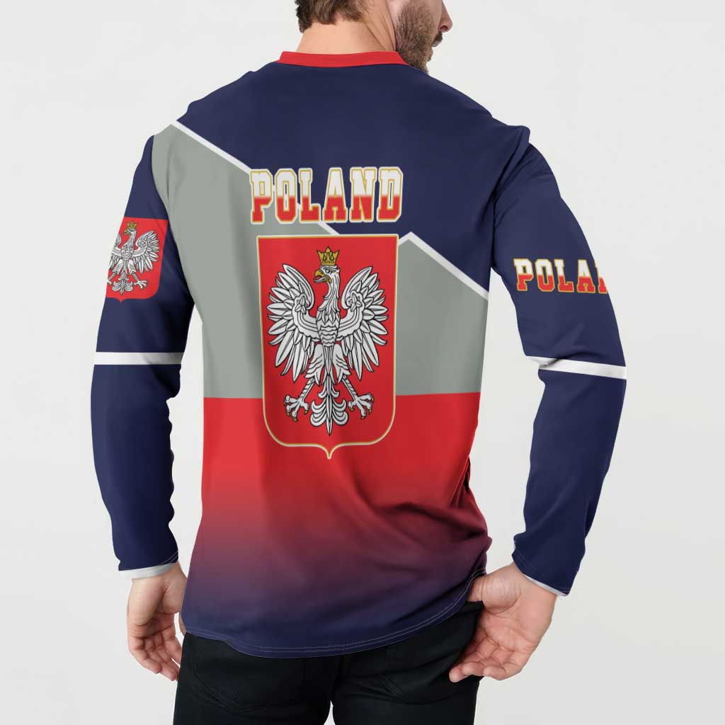 Navy button-up sweatshirt with red collar, back eagle crest and POLAND text