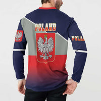 Navy button-up sweatshirt with red collar, back eagle crest and POLAND text