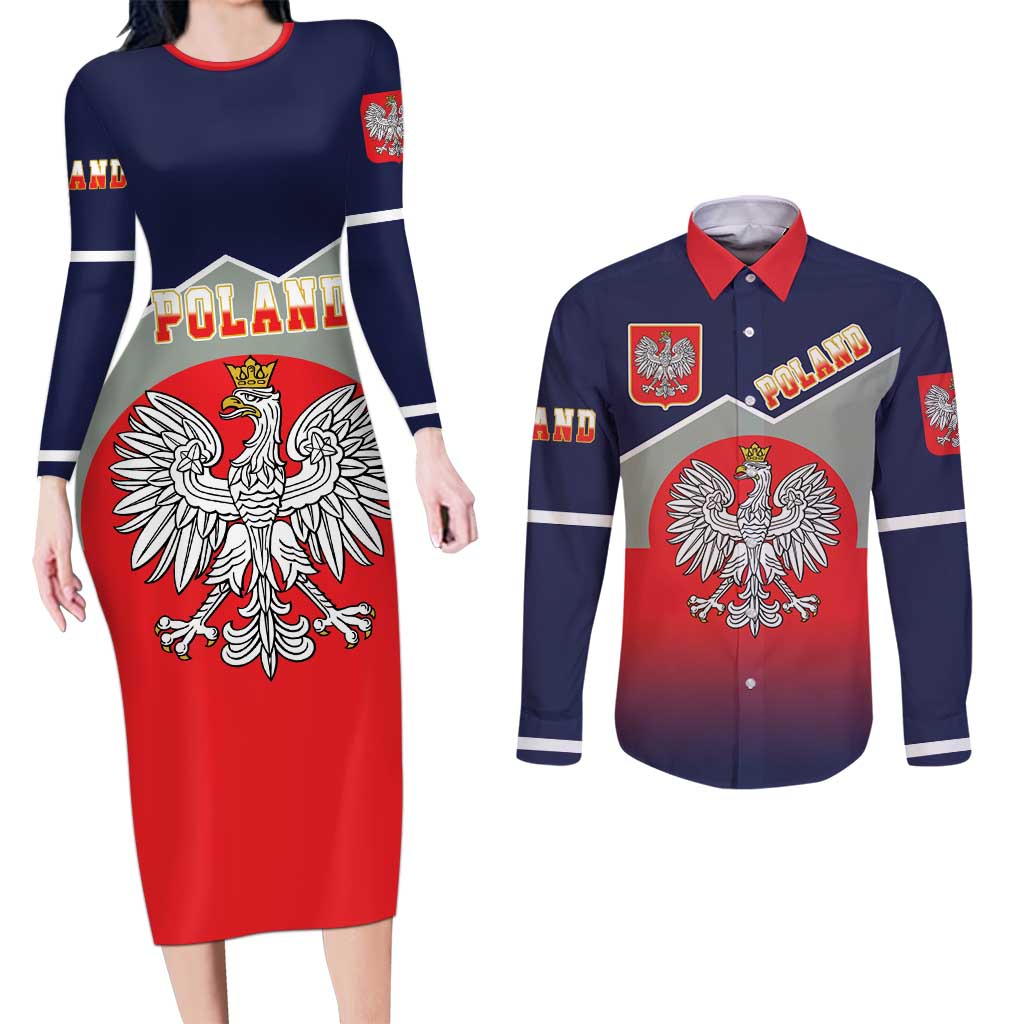 Poland Coat of Arms Couples Matching Long Sleeve Bodycon Dress and Long Sleeve Button Shirt A white and Crowned Eagle