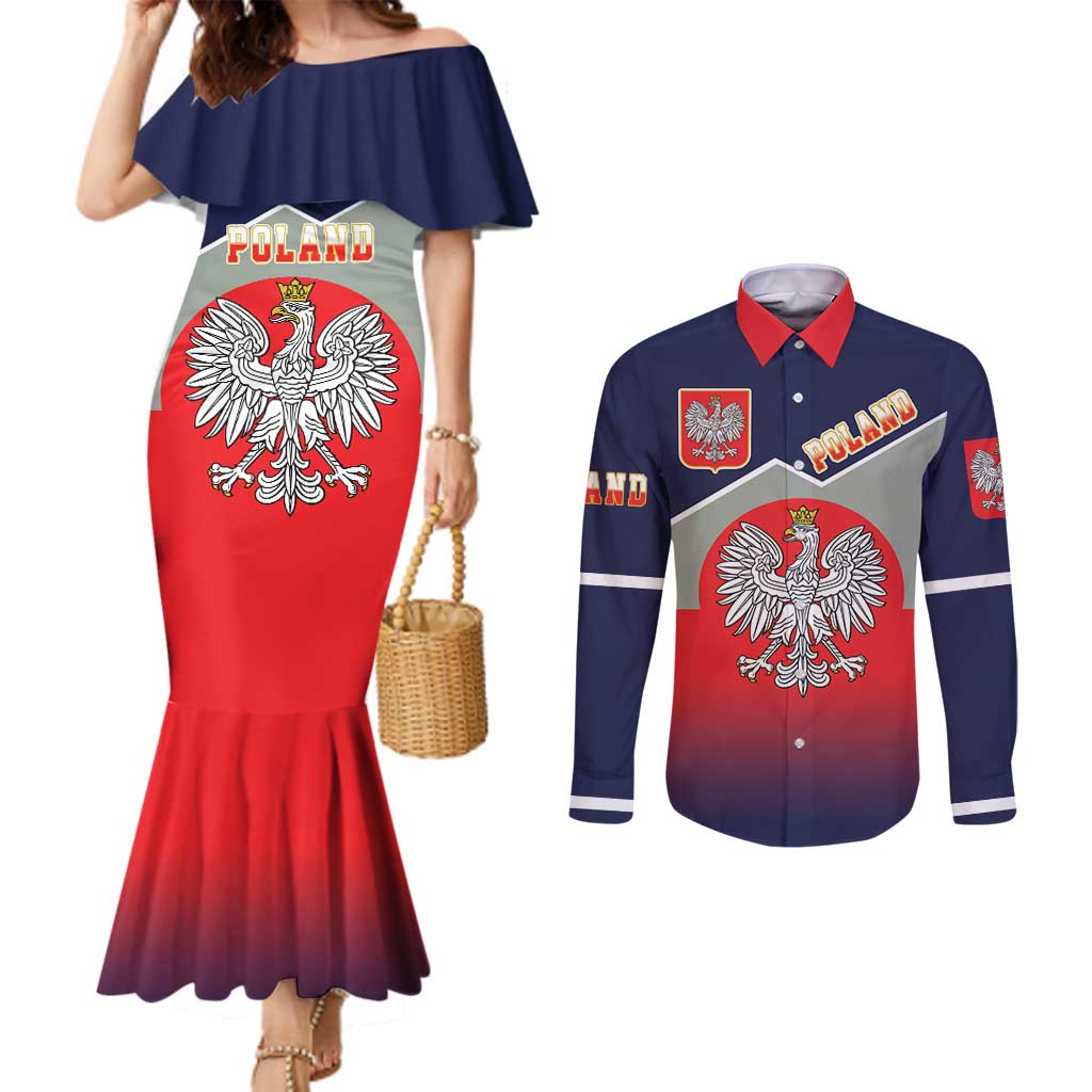 Poland Coat of Arms Couples Matching Mermaid Dress and Long Sleeve Button Shirt A white and Crowned Eagle