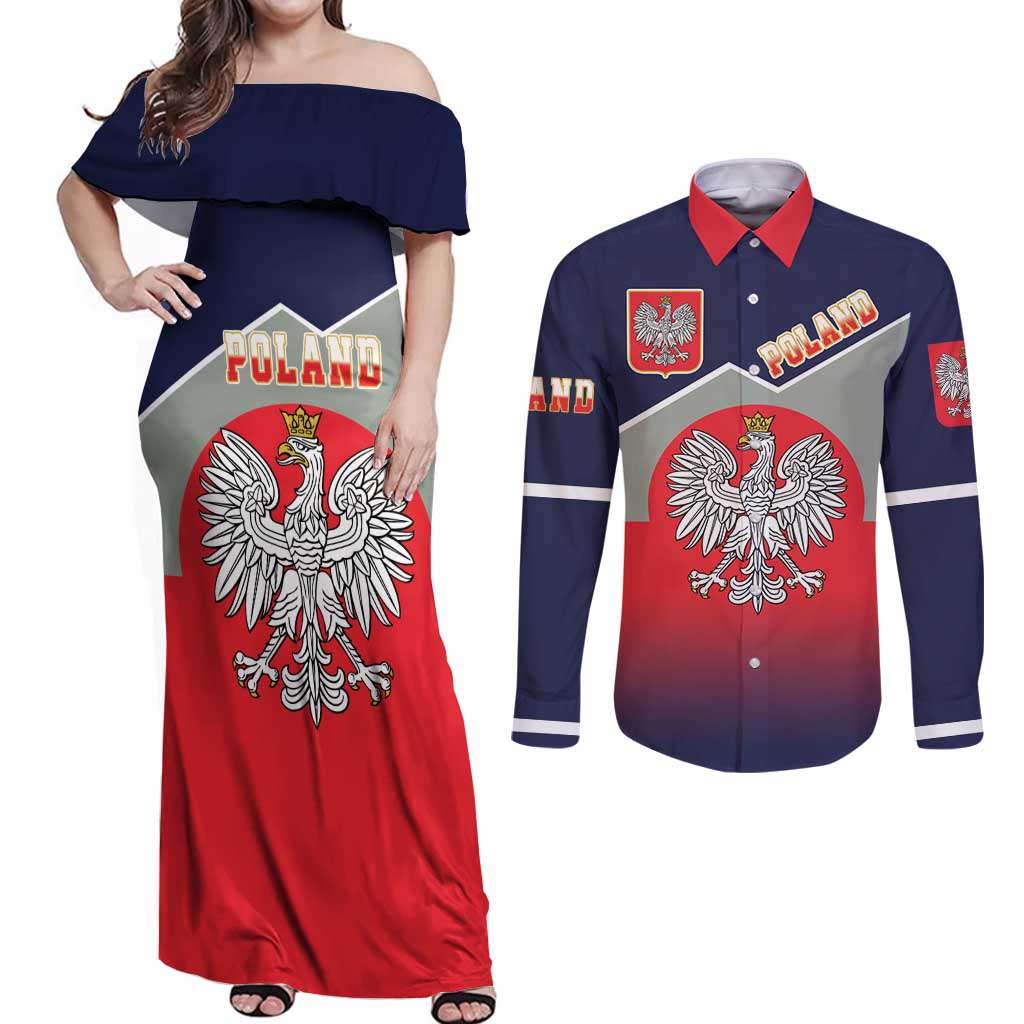 Poland Coat of Arms Couples Matching Off Shoulder Maxi Dress and Long Sleeve Button Shirt A white and Crowned Eagle