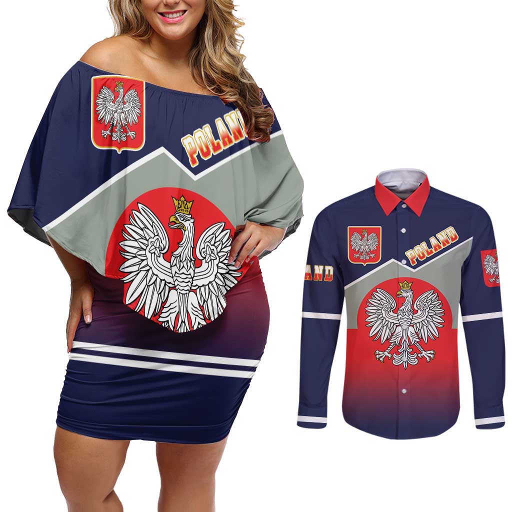 Poland Coat of Arms Couples Matching Off Shoulder Short Dress and Long Sleeve Button Shirt A white and Crowned Eagle