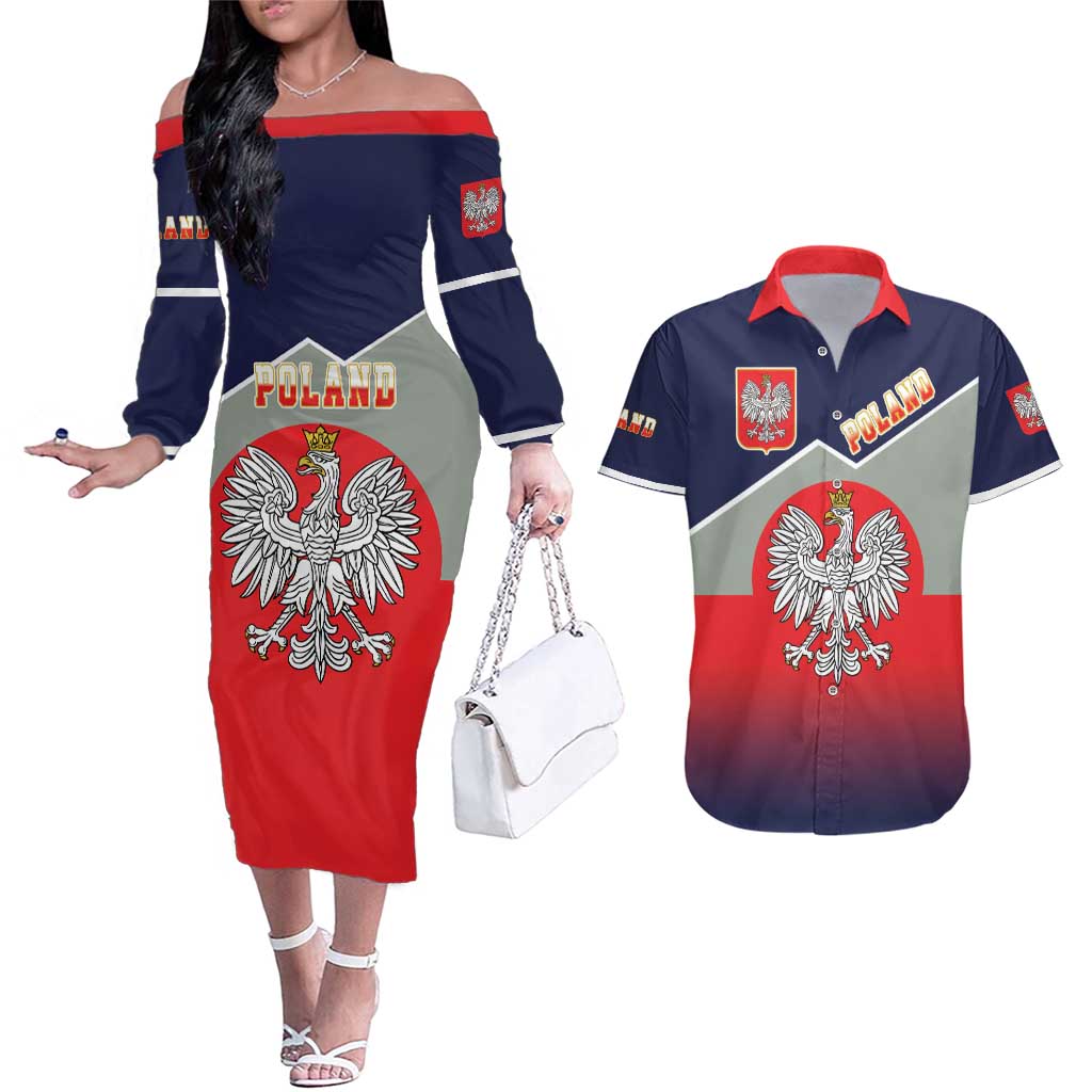 Poland Coat of Arms Couples Matching Off The Shoulder Long Sleeve Dress and Hawaiian Shirt A white and Crowned Eagle