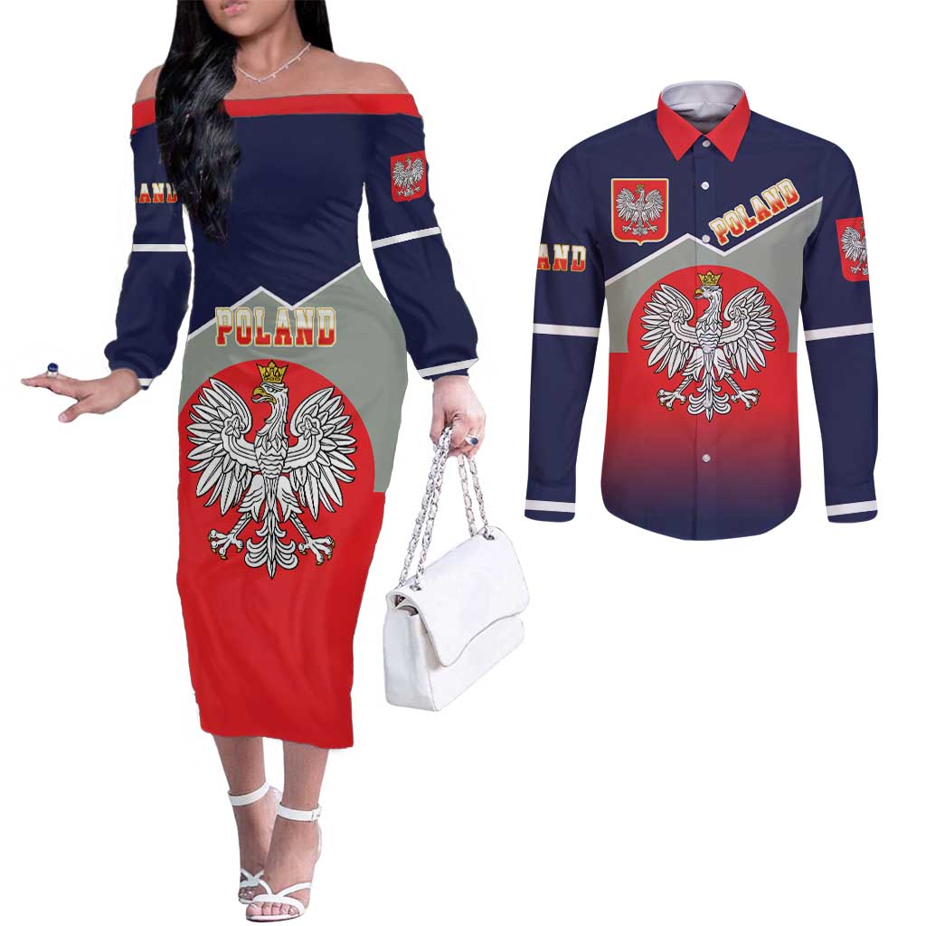 Poland Coat of Arms Couples Matching Off The Shoulder Long Sleeve Dress and Long Sleeve Button Shirt A white and Crowned Eagle