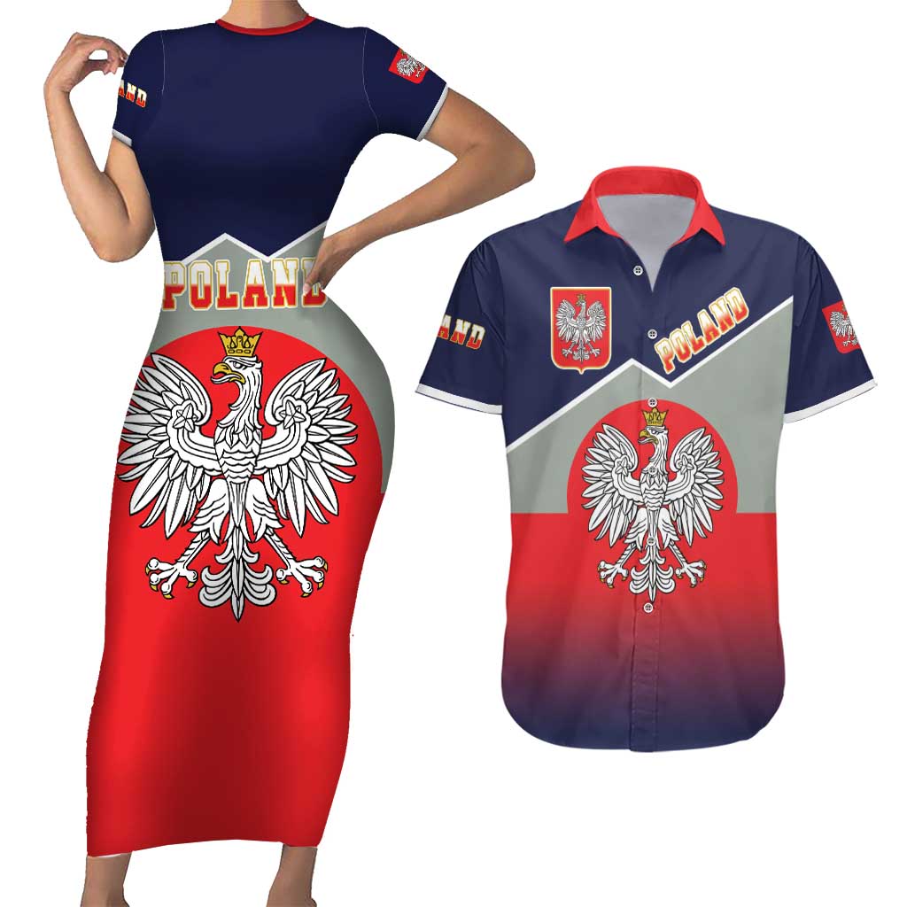 Poland Coat of Arms Couples Matching Short Sleeve Bodycon Dress and Hawaiian Shirt A white and Crowned Eagle