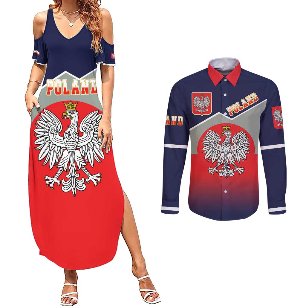 Poland Coat of Arms Couples Matching Summer Maxi Dress and Long Sleeve Button Shirt A white and Crowned Eagle