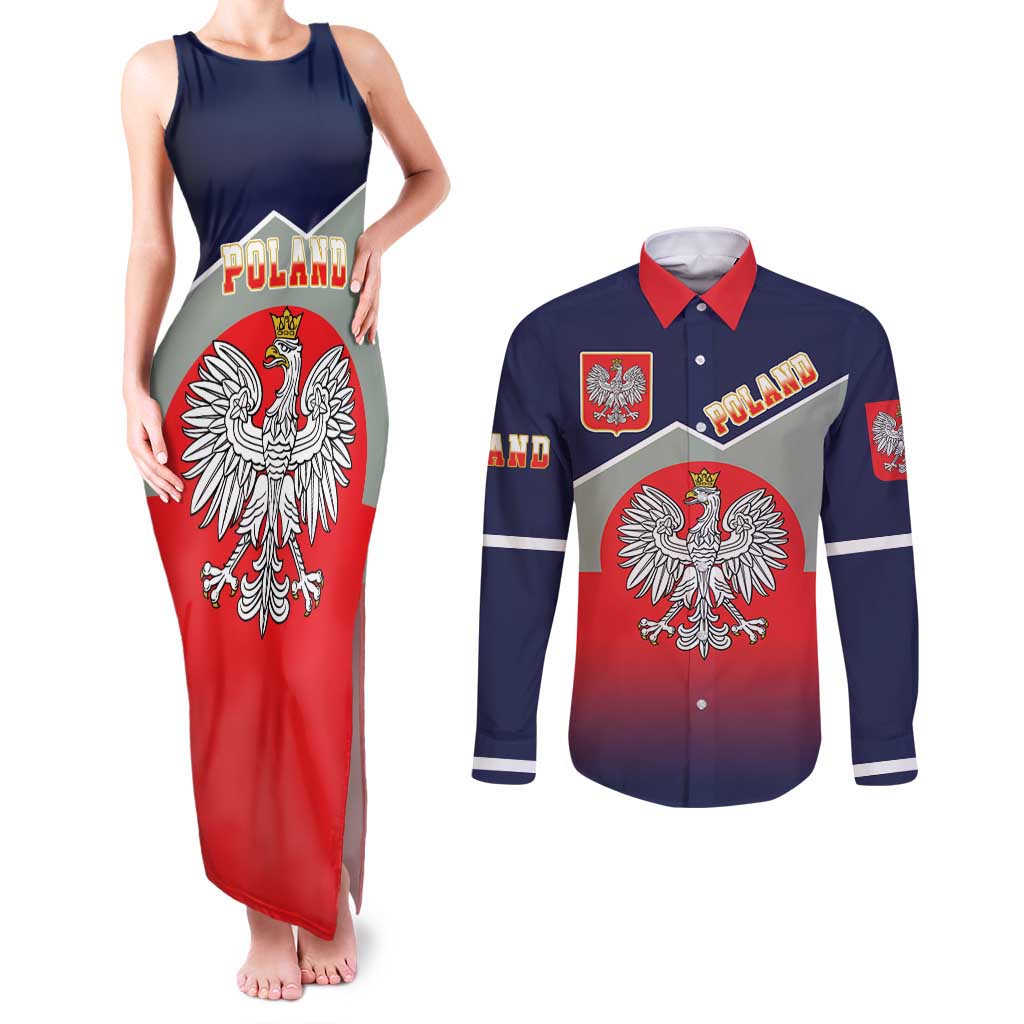 Poland Coat of Arms Couples Matching Tank Maxi Dress and Long Sleeve Button Shirt A white and Crowned Eagle