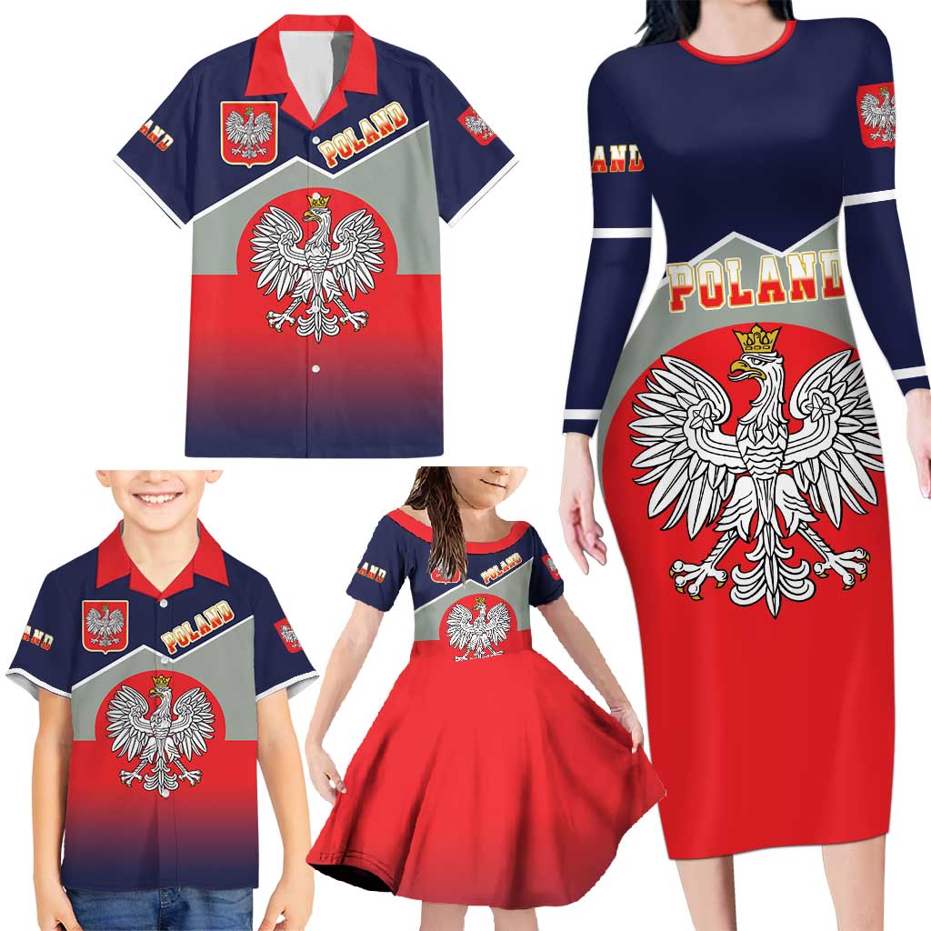 Poland Coat of Arms Family Matching Long Sleeve Bodycon Dress and Hawaiian Shirt A white and Crowned Eagle