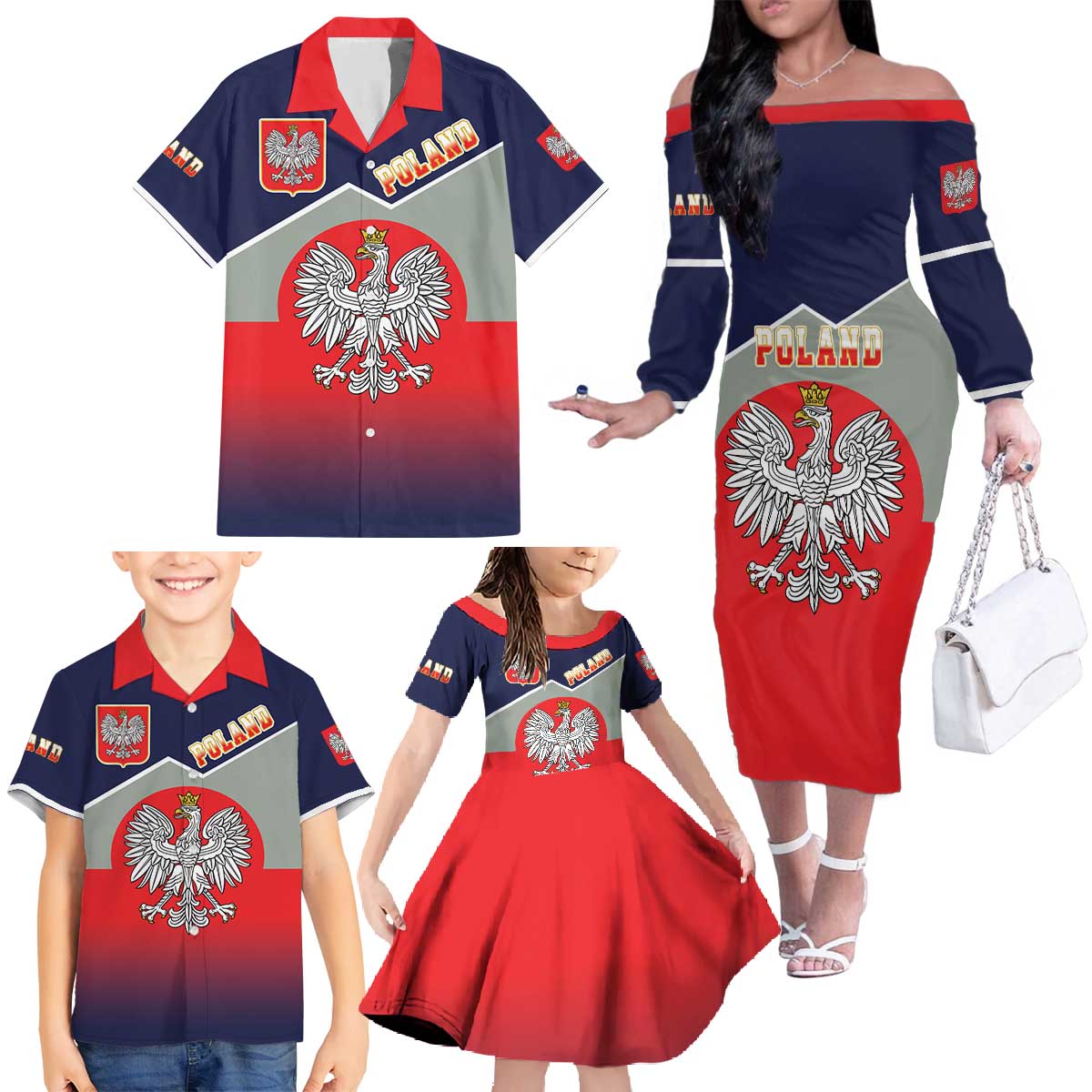 Poland Coat of Arms Family Matching Off The Shoulder Long Sleeve Dress and Hawaiian Shirt A white and Crowned Eagle