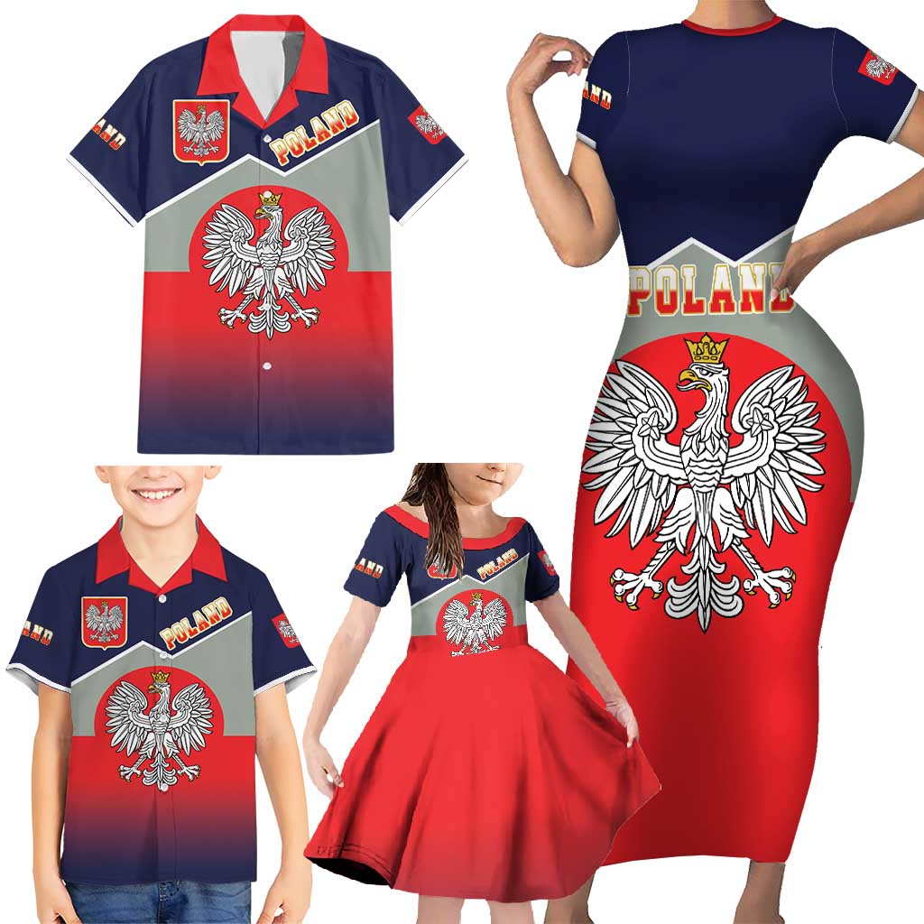 Poland Coat of Arms Family Matching Short Sleeve Bodycon Dress and Hawaiian Shirt A white and Crowned Eagle