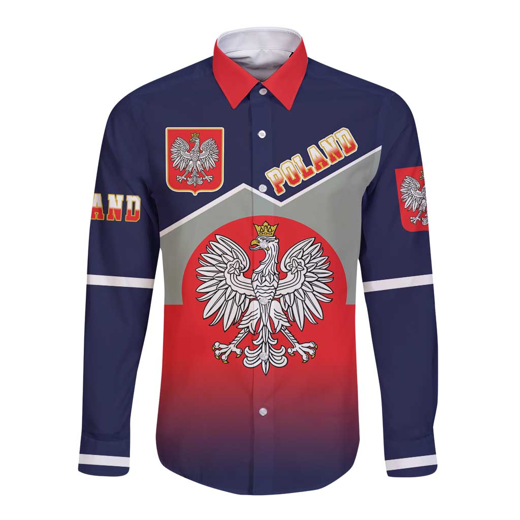 Navy long-sleeve button shirt with red collar and Poland eagle crest front print