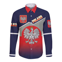 Navy long-sleeve button shirt with red collar and Poland eagle crest front print