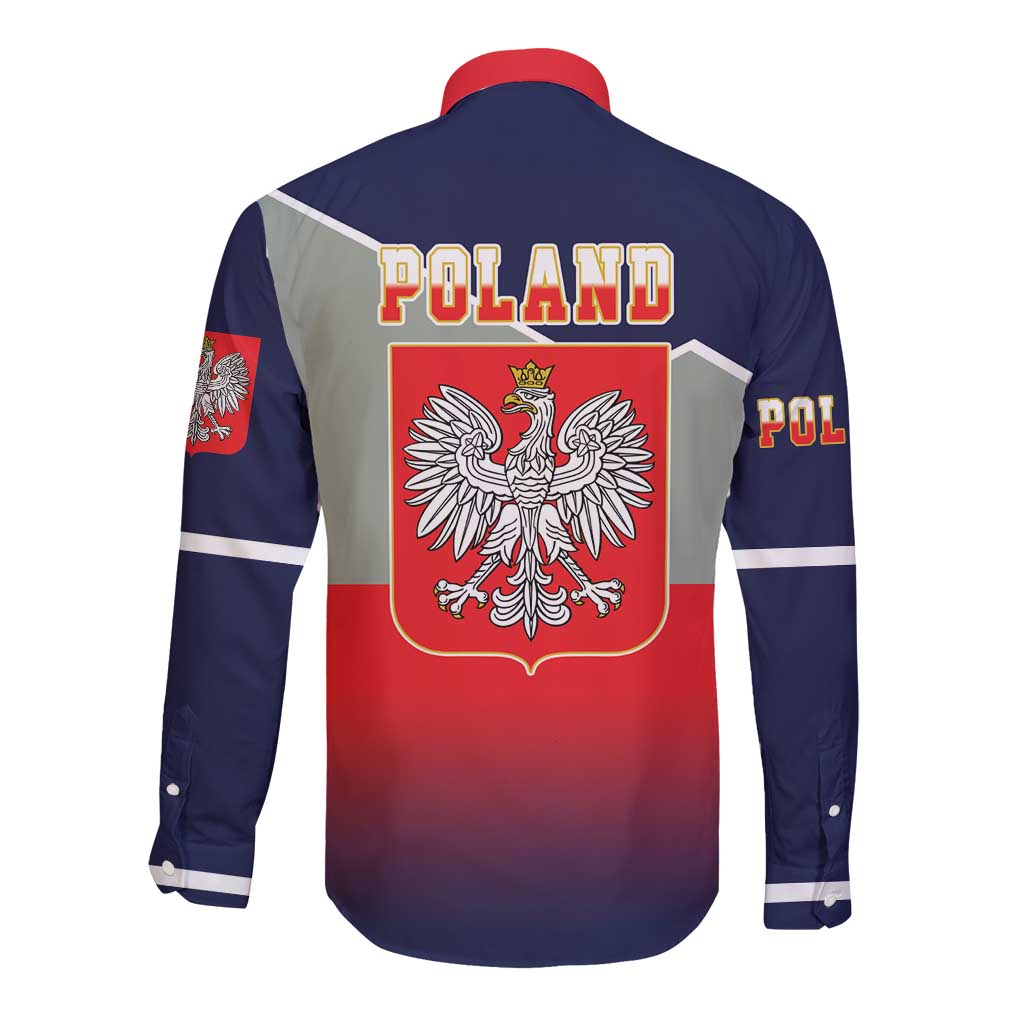 Navy long-sleeve button shirt with Poland coat of arms and red gradient back print