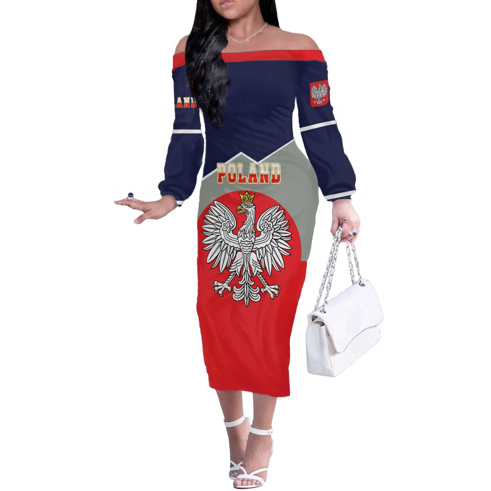 Poland Coat of Arms Off The Shoulder Long Sleeve Dress A white and Crowned Eagle LT17 - Wonder Print Shop