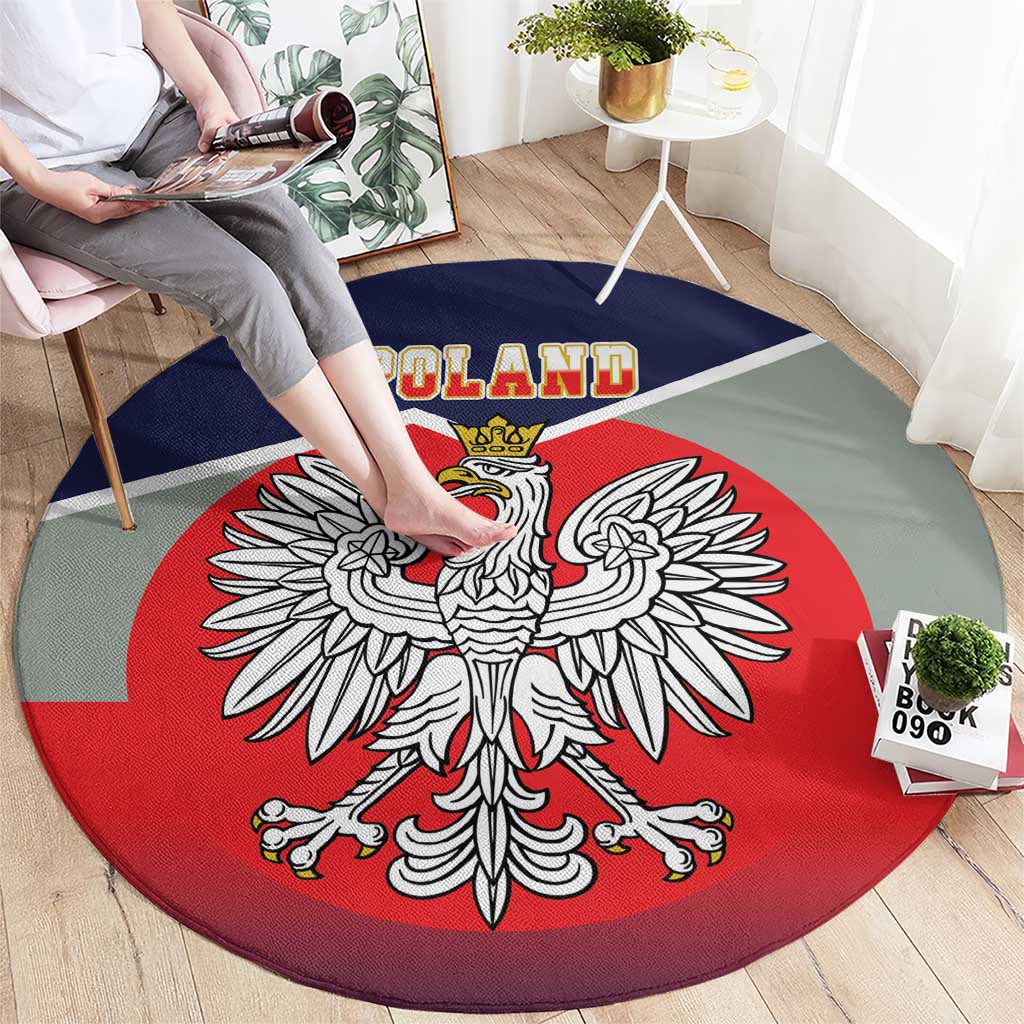 Round Poland coat of arms carpet with crowned eagle and red blue stripe, large wings