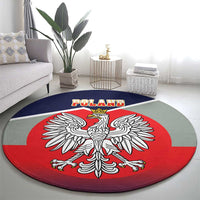 Round carpet showing crowned eagle with white wings and red center, 'POLAND' on top