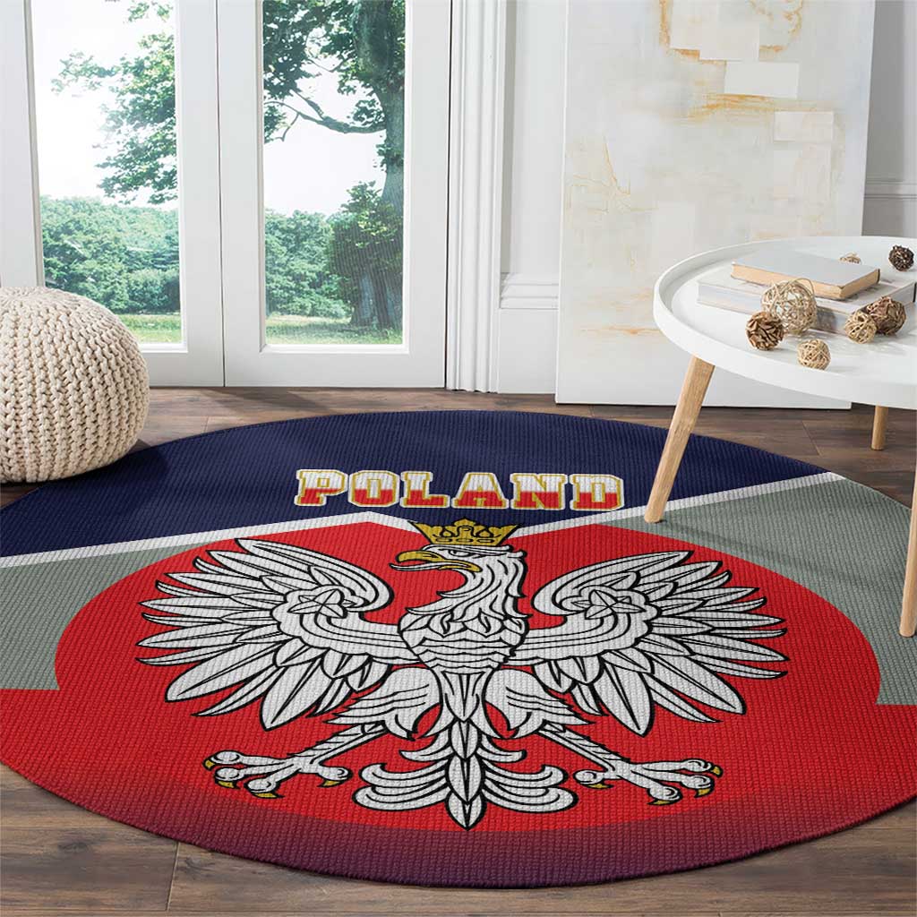 Round carpet with 'POLAND' text and crowned eagle emblem over red and navy-blue