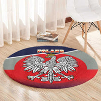Round carpet with crowned eagle over red shield and 'POLAND' lettering on navy stripe