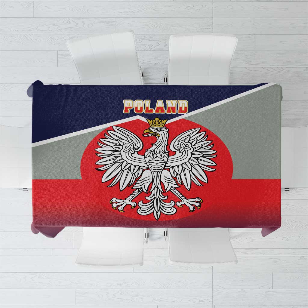 Poland tablecloth with crowned eagle crest in red circle, blue and red flag colors
