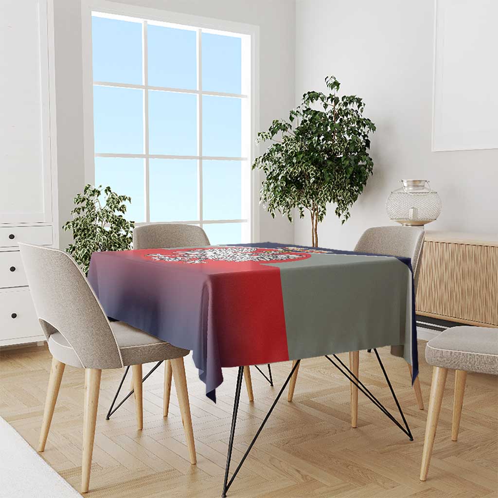 Poland tablecloth on rectangular table with crowned eagle crest centered over flag colors
