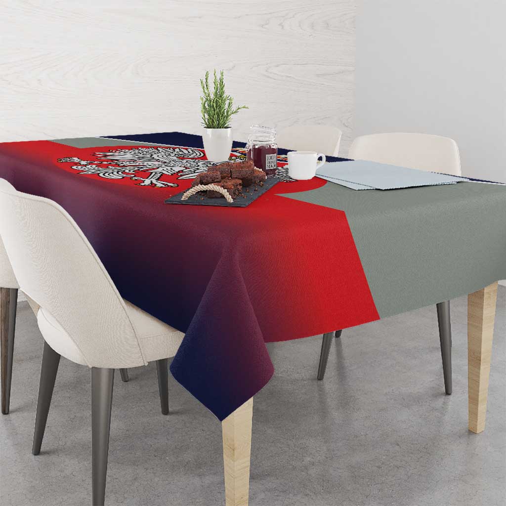 Poland tablecloth corner close-up with crowned eagle graphic and red-blue flag pattern