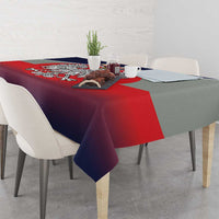 Poland tablecloth corner close-up with crowned eagle graphic and red-blue flag pattern