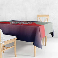 Poland tablecloth draped over dining table, showing crowned eagle and flag color bands