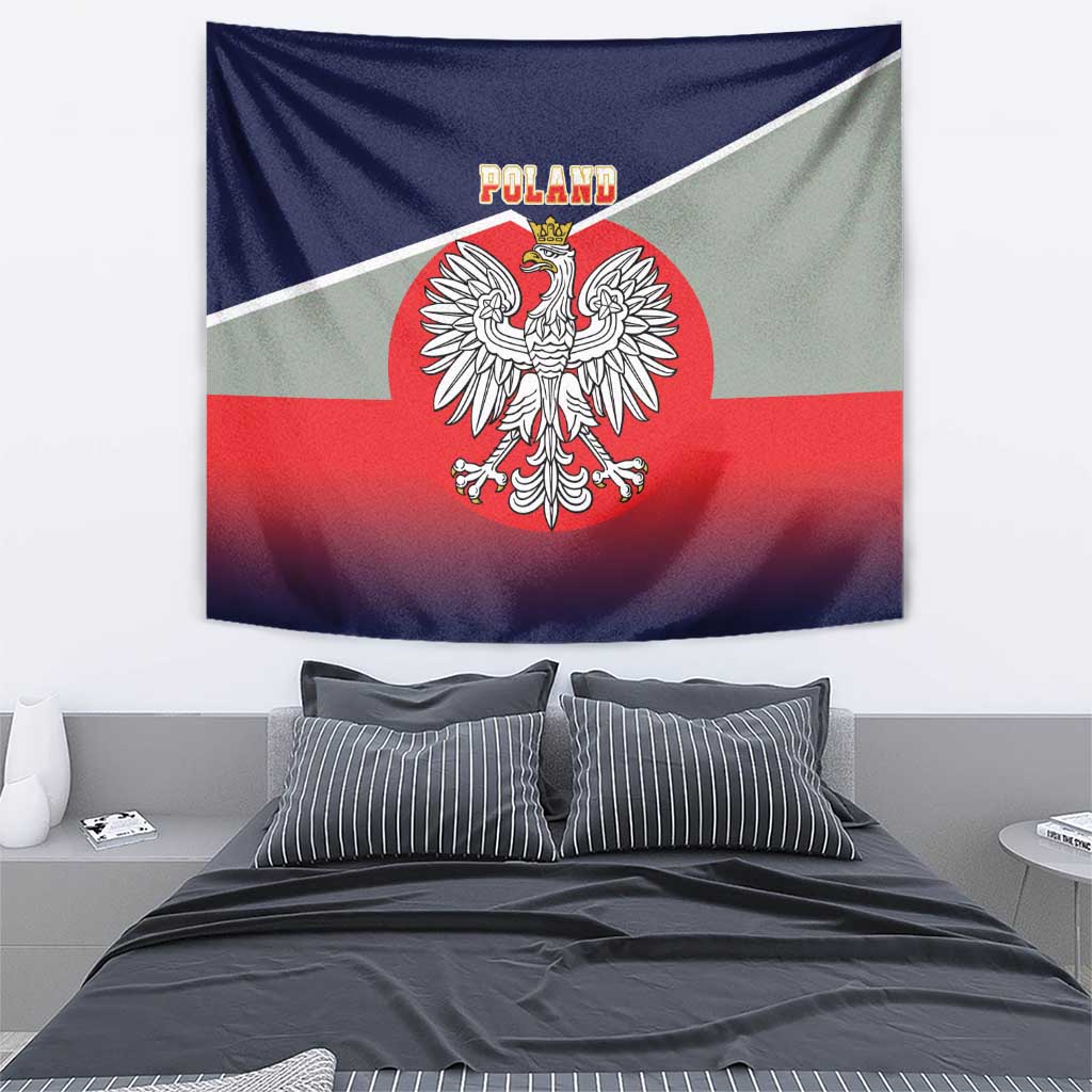 Crowned eagle wall tapestry featuring navy, white, and red tricolor flag emblem