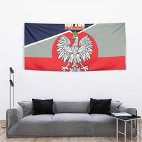 Centered crowned eagle tapestry on navy, white, and red tricolor flag background