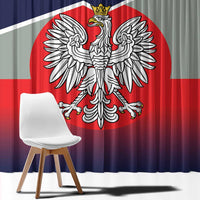 Poland coat of arms window curtain close-up, crowned eagle emblem on navy and red