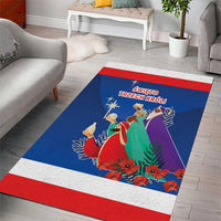 Blue Three Kings area rug with red and white border, nativity figures and star
