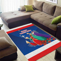 Blue rectangular Three Kings rug with red/white stripe border and nativity scene