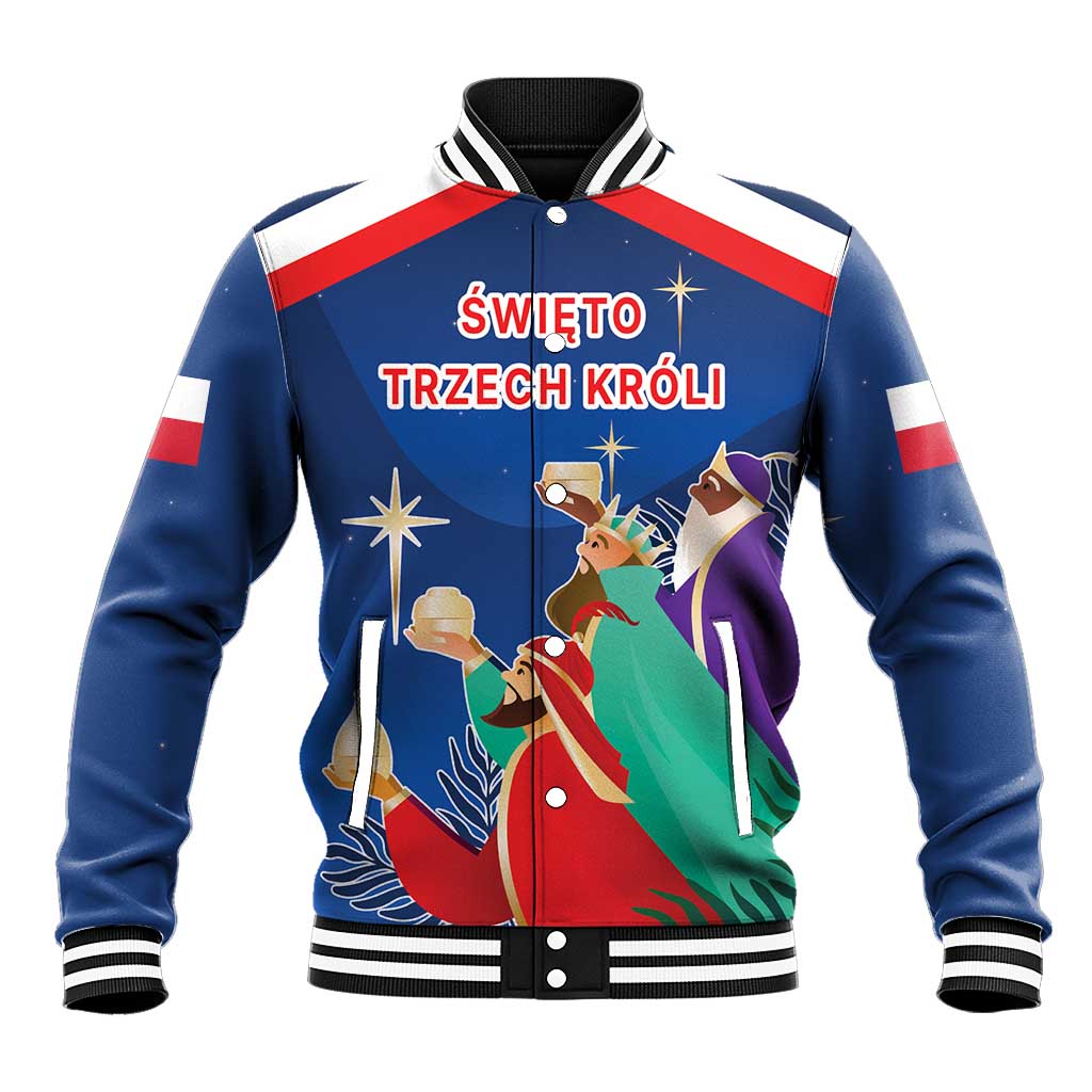Blue baseball jacket with striped collar, button front, and Three Kings Day nativity graphic