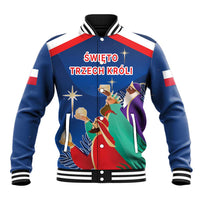 Blue baseball jacket with striped collar, button front, and Three Kings Day nativity graphic