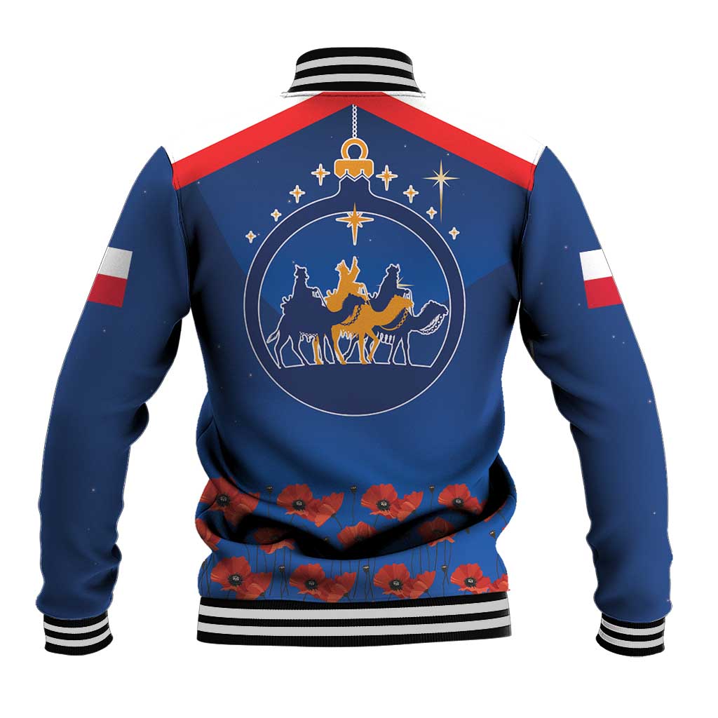 Blue baseball jacket back with circular nativity star graphic and striped rib trim