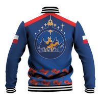Blue baseball jacket back with circular nativity star graphic and striped rib trim