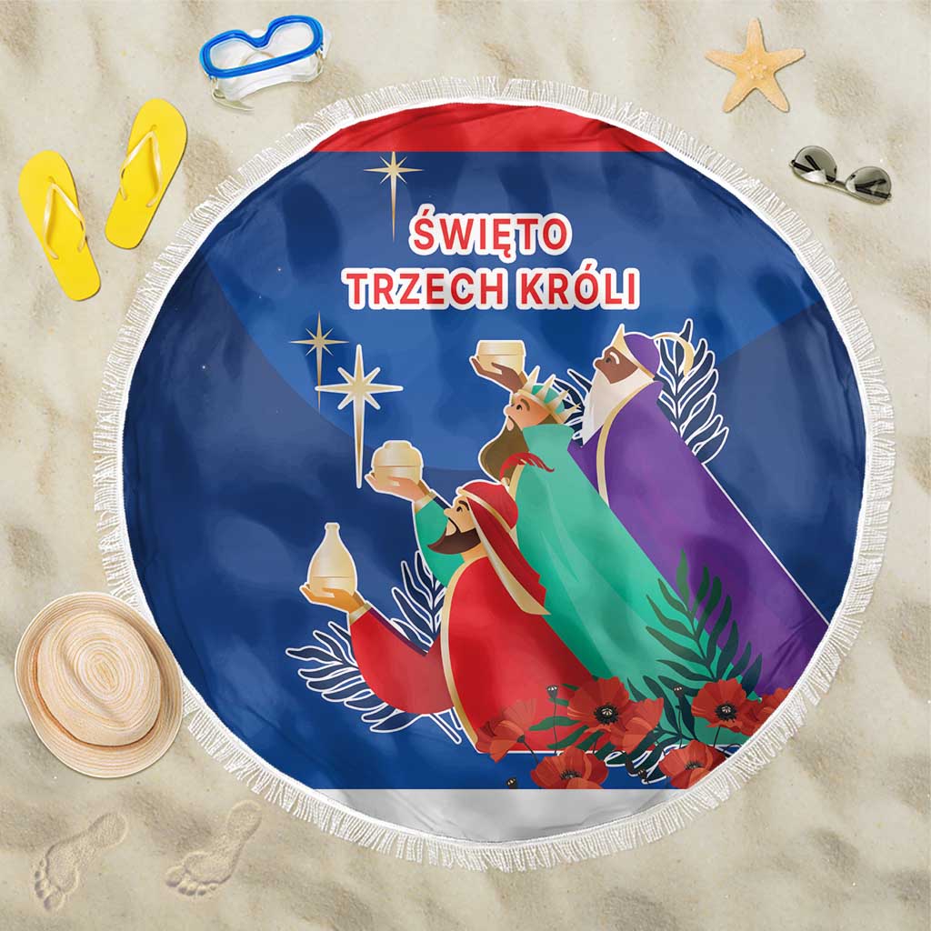 Blue round beach blanket with TRZECH KROLI nativity scene and white fringe