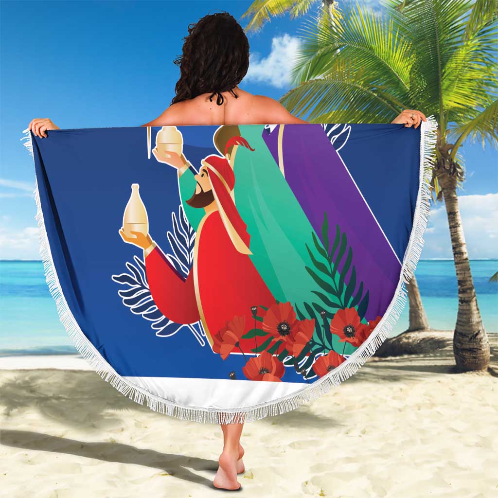 Blue round beach blanket with Three Kings nativity illustration and white tassel fringe