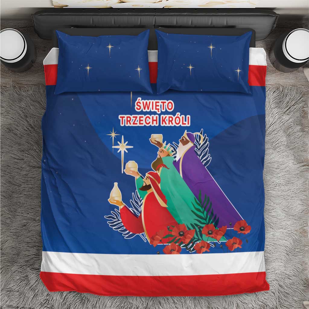 Blue bedding set with Three Kings illustration, star accents, and red/white trim