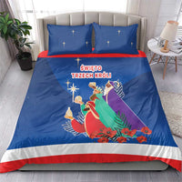 Blue bedding set with Three Kings design, glowing stars, and red/white hem stripe