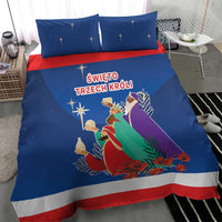 Blue duvet cover with Three Kings artwork, star details, and red/white bottom border