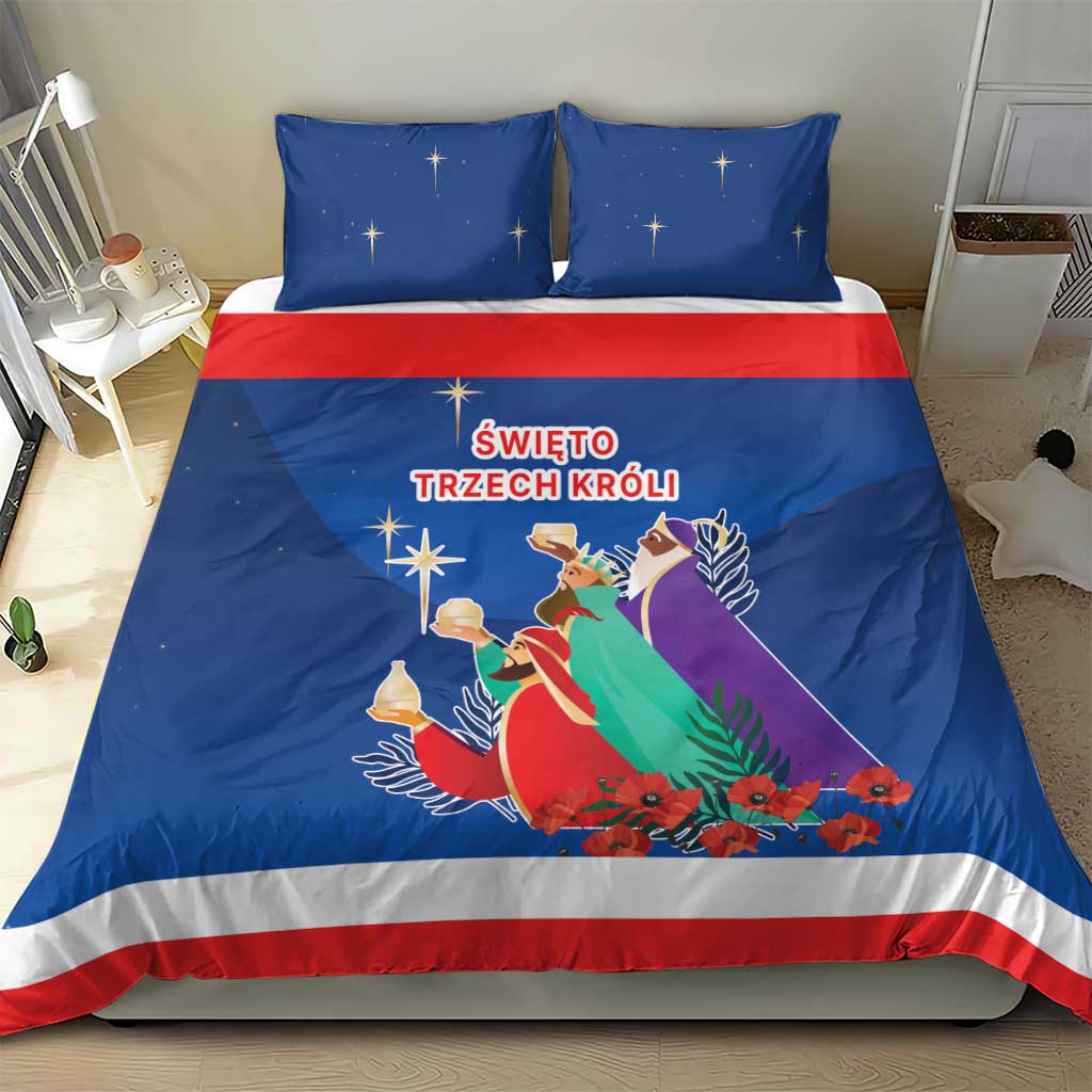 Blue duvet cover and two pillowcases showing Three Kings scene with red/white border