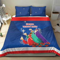 Blue duvet cover and two pillowcases showing Three Kings scene with red/white border
