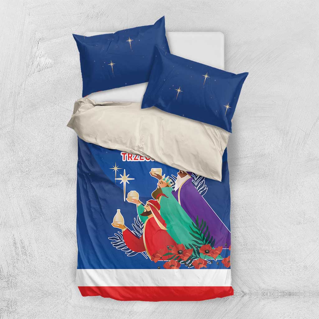 Blue duvet bedding set with Three Kings scene, stars, and red/white border stripe