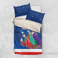 Blue duvet bedding set with Three Kings scene, stars, and red/white border stripe