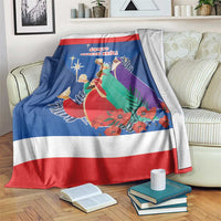 Blue Three Kings Day blanket with red-and-white stripes and illustrated kings scene