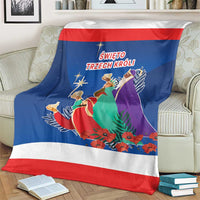 Blue Three Kings Day blanket with red-and-white stripes, stars, and three kings