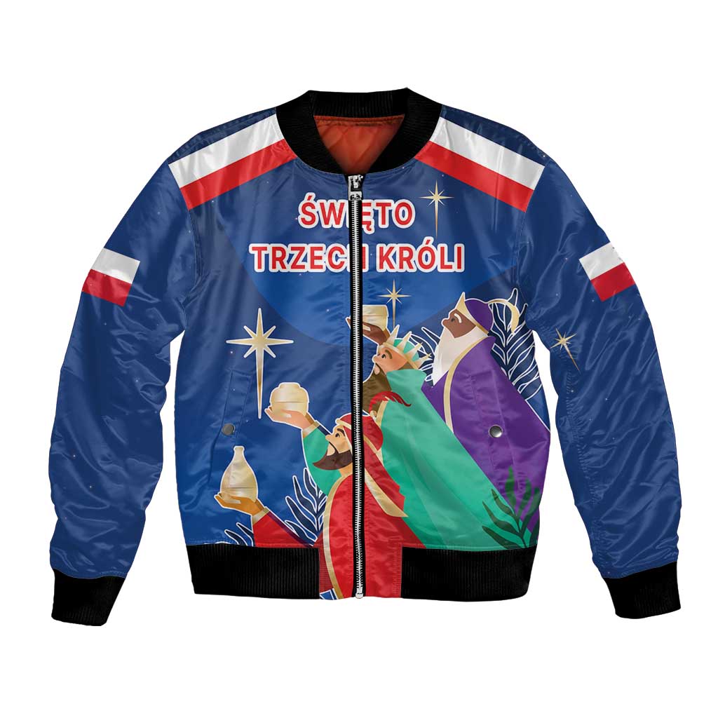 Unisex blue bomber jacket with red-white sleeve stripes and Three Kings front graphic