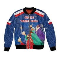 Unisex blue bomber jacket with red-white sleeve stripes and Three Kings front graphic
