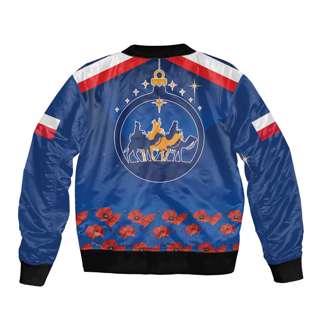 Unisex blue bomber jacket with back crest, gold star, and poppy flower border